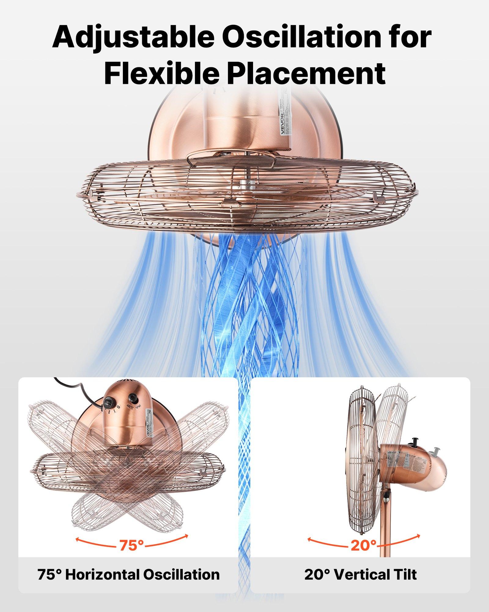 VEVOR 16-Inch High Velocity Pedestal Fan, 1450 CFM Industrial Standing Floor Fan with Handle, 75 ° Oscillating, 3-Speed Adjustable Height, Metal Made for Commercial, Garage, Workshop, Home, Copper VEVOR 16-Inch High Velocity Pedestal Fan, 1450 CFM Industrial Standing Floor Fan with Handle, 75 ° Oscillating, 3-Speed Adjustable Height, Metal Made for Commercial, Garage, Workshop, Home, Copper