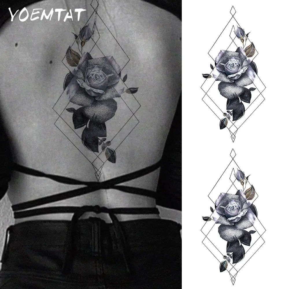 2pcs Geometric Diamond Frame Rose Flower Waterproof Temporary Tattoo Sticker Floral Bud Leaf Body Art Arm Forearm Shoulder Back Waist Spine Fake Tattoos Sleeve For Women Men Aldults