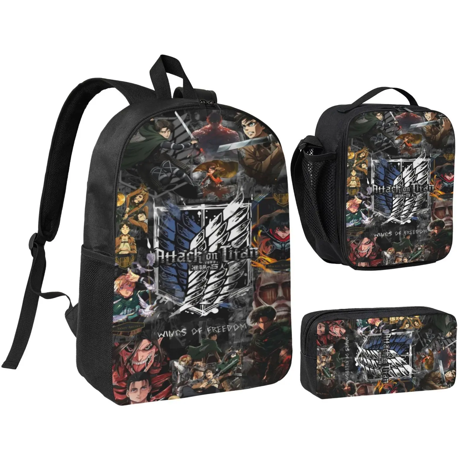Anime Attack On Titan 3Pcs School Backpack Set for Teen Boys Girls, Adjustable Strap Kids Bookbag with Insulated Lunch Bag & Pencil Case, Multipurpose Backpack for School Travel Office