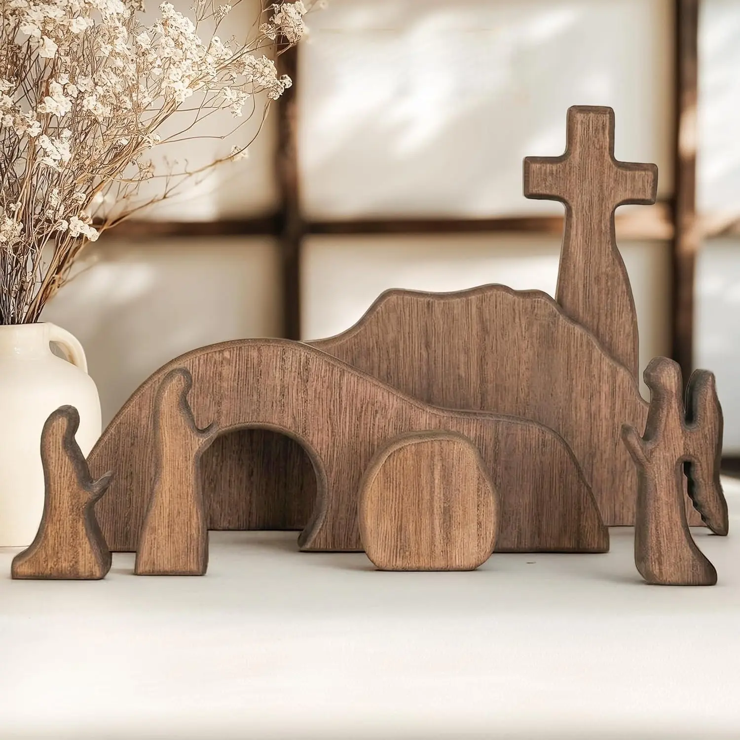 Empty Tomb Easter Scene and Cross Decoration, Wooden Jesus Resurrection Nativity Set, Religious Christian Tabletop Decor for Home Office Christianfidget toys