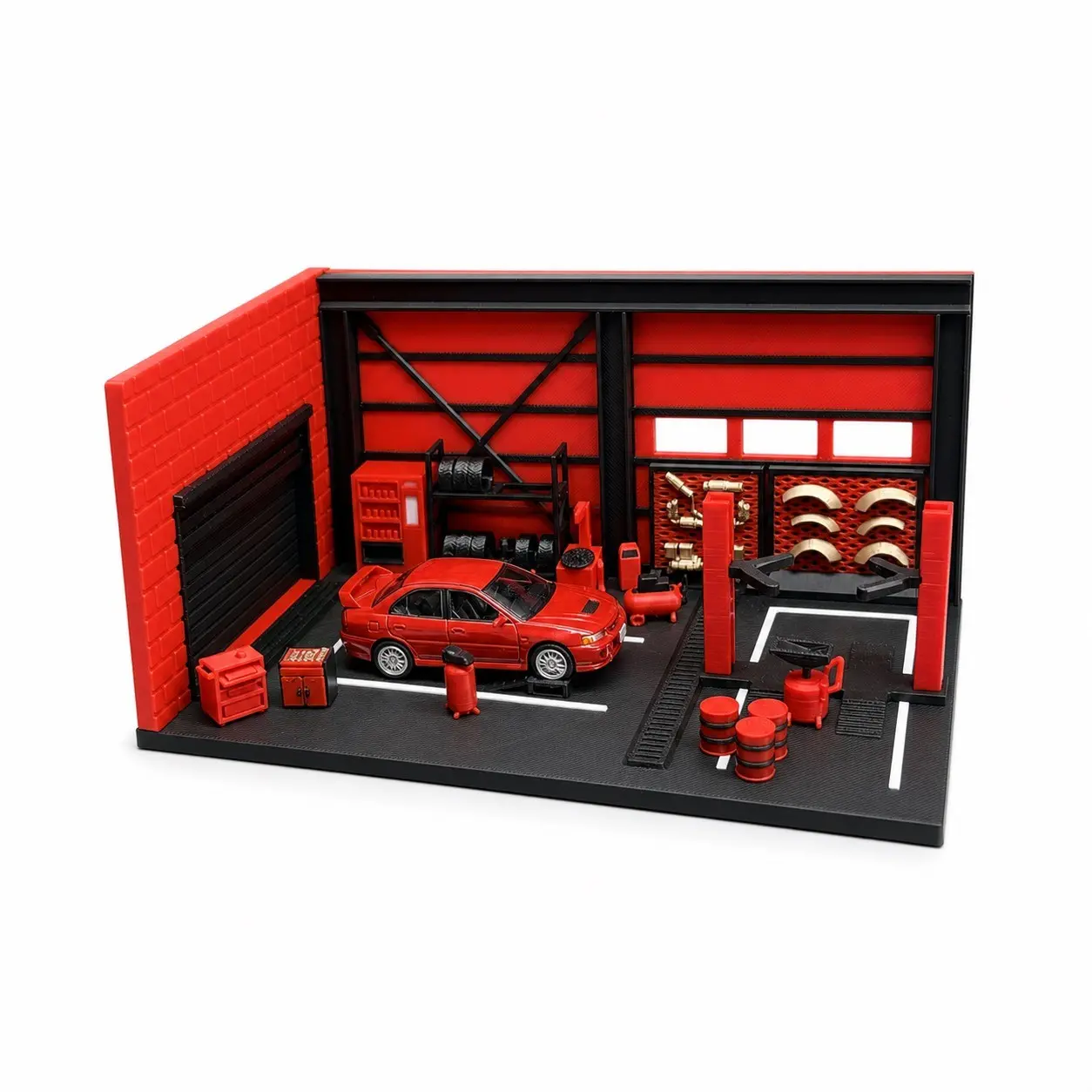 Red and Black 1:64 Miniature Repair Garage Diorama Display Set for Model Cars, Workshop Scene Accessories, Car Not Included
