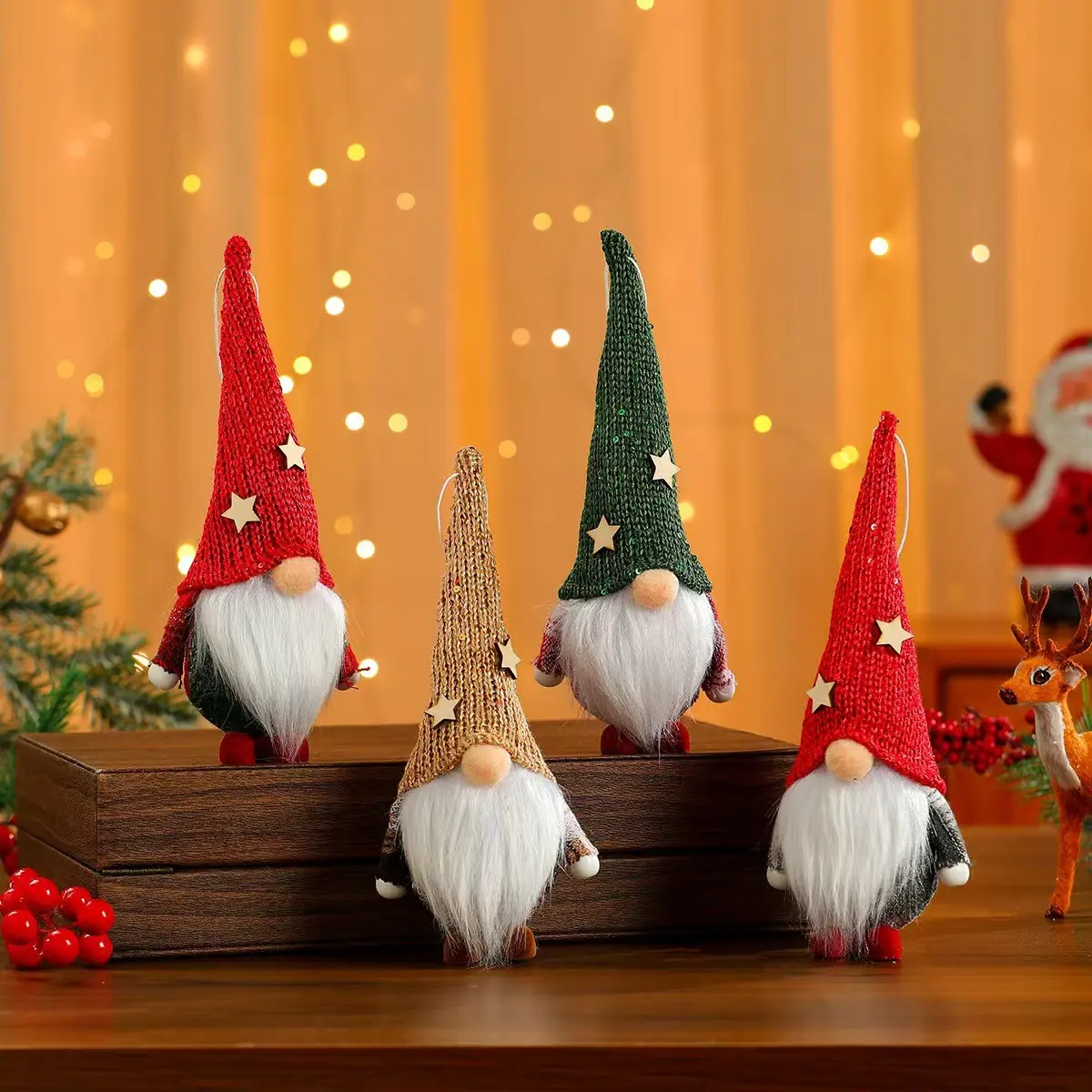 Knitted Faceless Goblin Christmas Ornament, Pointed Hat Star Grid Fabric Plush Bearded Dwarf Santa Tree Decor, Random 6 Pcs Set