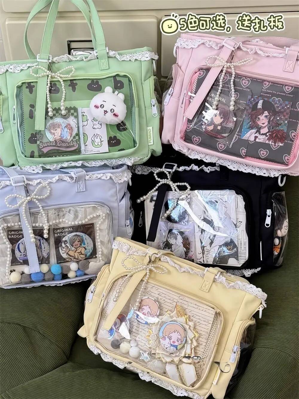 Japanese Sweet Women Ribbon Ita Bag Fashion Large Capacity Tote Bag Aesthetic Shoulder Bag Cute Lolita Girl Transparent Handbags