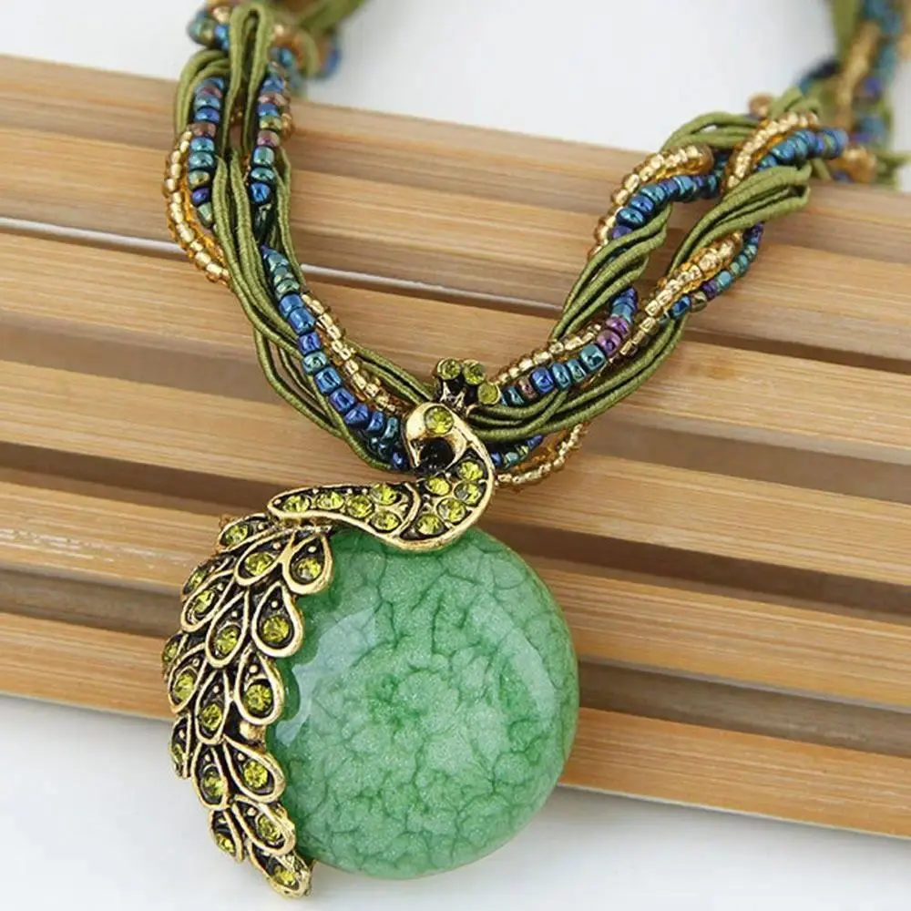 Elegant Vintage Peacock Gemstone Tassel Pendant Necklace For Women Bohemian Ethnic Style Peacock Design Sweaters Chain Necklace