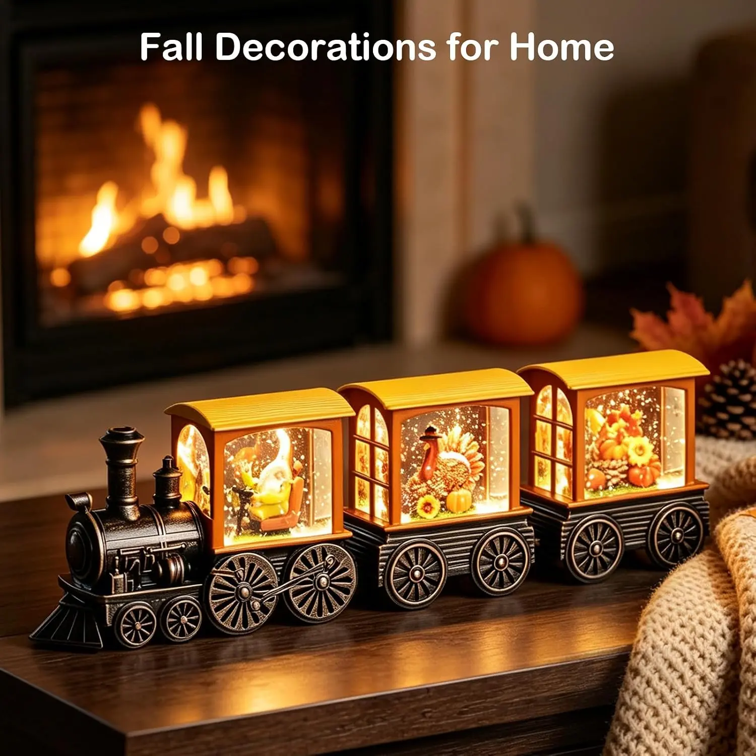 Classic Lighted Fall Snow Globe Lantern - Plastic Acrylic Lighted Globe Fall Home Decor, 6H Timer, Battery Operated, with Pumpkin, Turkey, Gnome, Train, Swirling Glitter for Thanksgiving Harvest Day