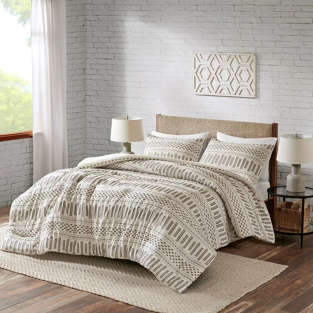 Nokaa Cotton Jacquard Comforter Mini Set Queen Size Reversible Bedding with 2 Shams - Ivory/Charcoal, Oeko-Tex Certified, Lightweight Quilted Blanket for Bedroom Guest Room Dorm All Season