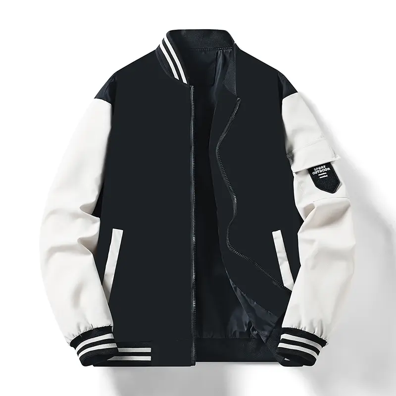 Men's Black-White Color Block Varsity Baseball Jacket - Raglan Sleeve, Zip-Up, Fitted Cut, Medium Length, Windproof Outerwear with Arm Patch Label, Striped Rib Cuff & Hem, Machine Washable for Urban Street Style, Spring-Autumn Casual Wear