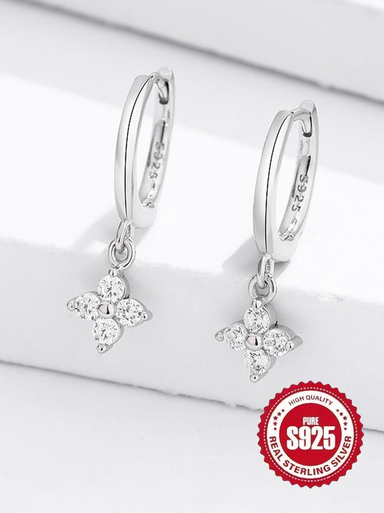 S925 Sterling Silver Four Leaf Clover Rhinestone Design Earrings, Fashionable Earrings for Women, Trendy All-match & Exquisite Jewelry for Birthday Gift