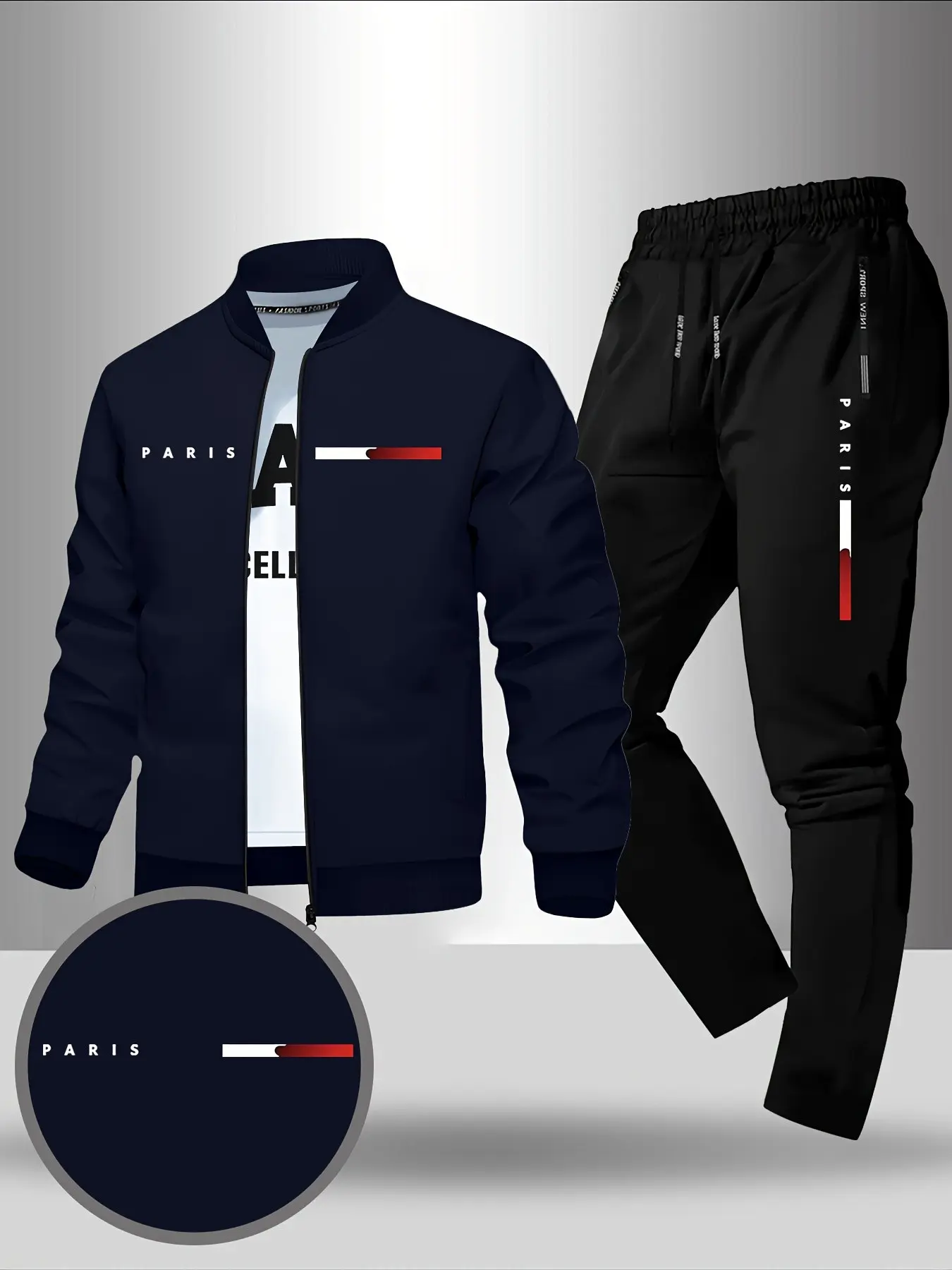 Men's Slim Fit Jacket and Sporty Long Pants Set, Geometric Print Polyester, Casual Fall Winter, Ankle Length, Contrast Binding Design