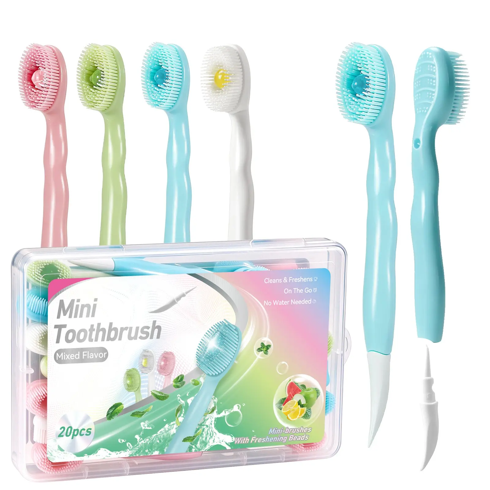 20pcs Disposable Mini Toothbrushes, Toothbrush Set, with Built-In Toothpaste Beads, Compact & Waterless, Ready-to-Use, 4-in-1 Design: Brush Head, Freshening Beads, Tongue Scraper & Toothpick, Freshens Breath, for Travel, Camping & On-the-Go Oral Care