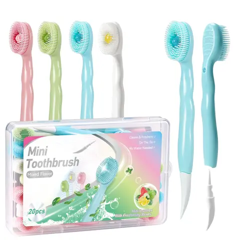 20pcs Disposable Mini Toothbrushes, Toothbrush Set, with Built-In Toothpaste Beads, Compact & Waterless, Ready-to-Use, 4-in-1 Design: Brush Head, Freshening Beads, Tongue Scraper & Toothpick, Freshens Breath, for Travel, Camping & On-the-Go Oral Care