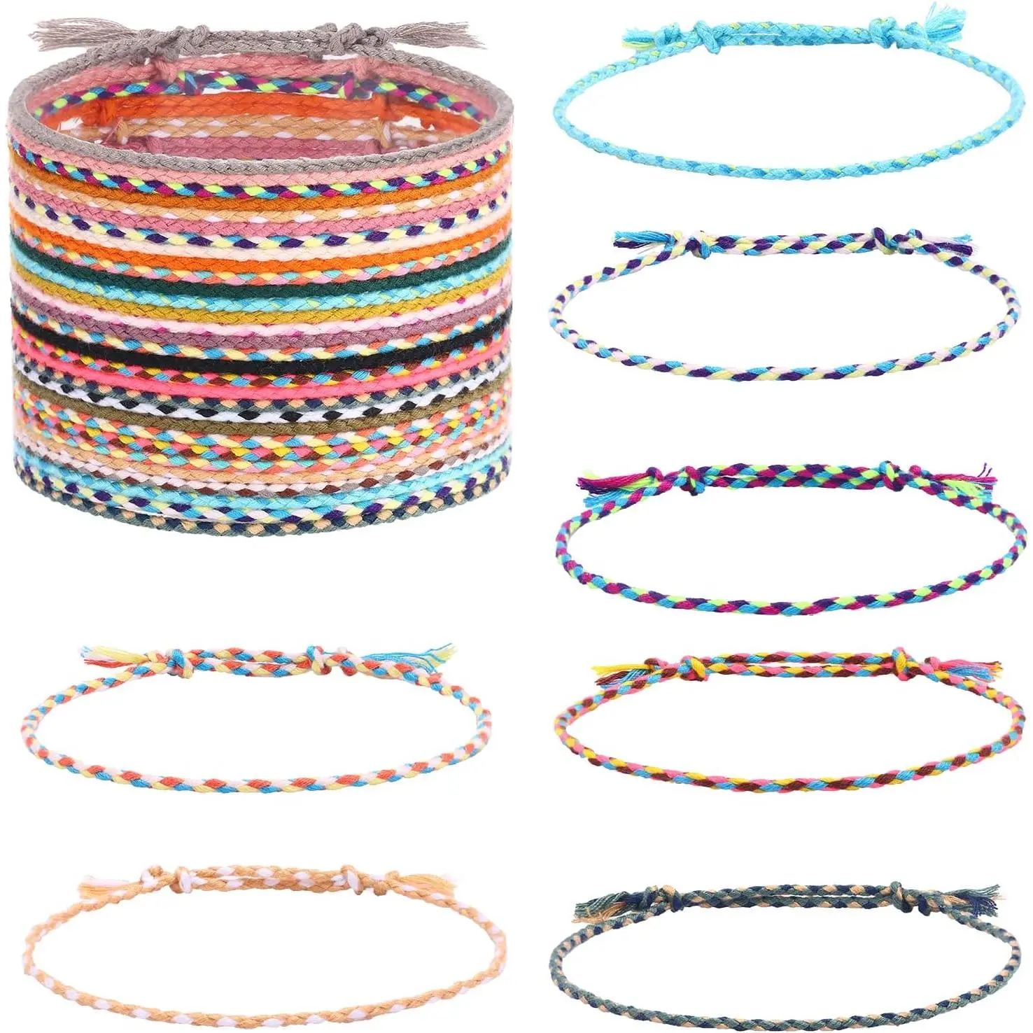 Colorful Braids Jewelry Set, 30-36 Pcs Handmade Cotton String Wraps, Boho Style with Adjustable Size 6-9 Inches for Stacking & Gifting, Vibrant, Bracelet, Multi-Colors