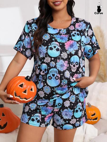 【Plus Size】Halloween Skull Ghost and Pumpkin Print Tee & Elastic Waist Shorts Pyjama Two-piece Set, Casual Comfy Round Neck Short Sleeve T-shirt & Shorts Pj Set, Women's Sleepwear for Fall