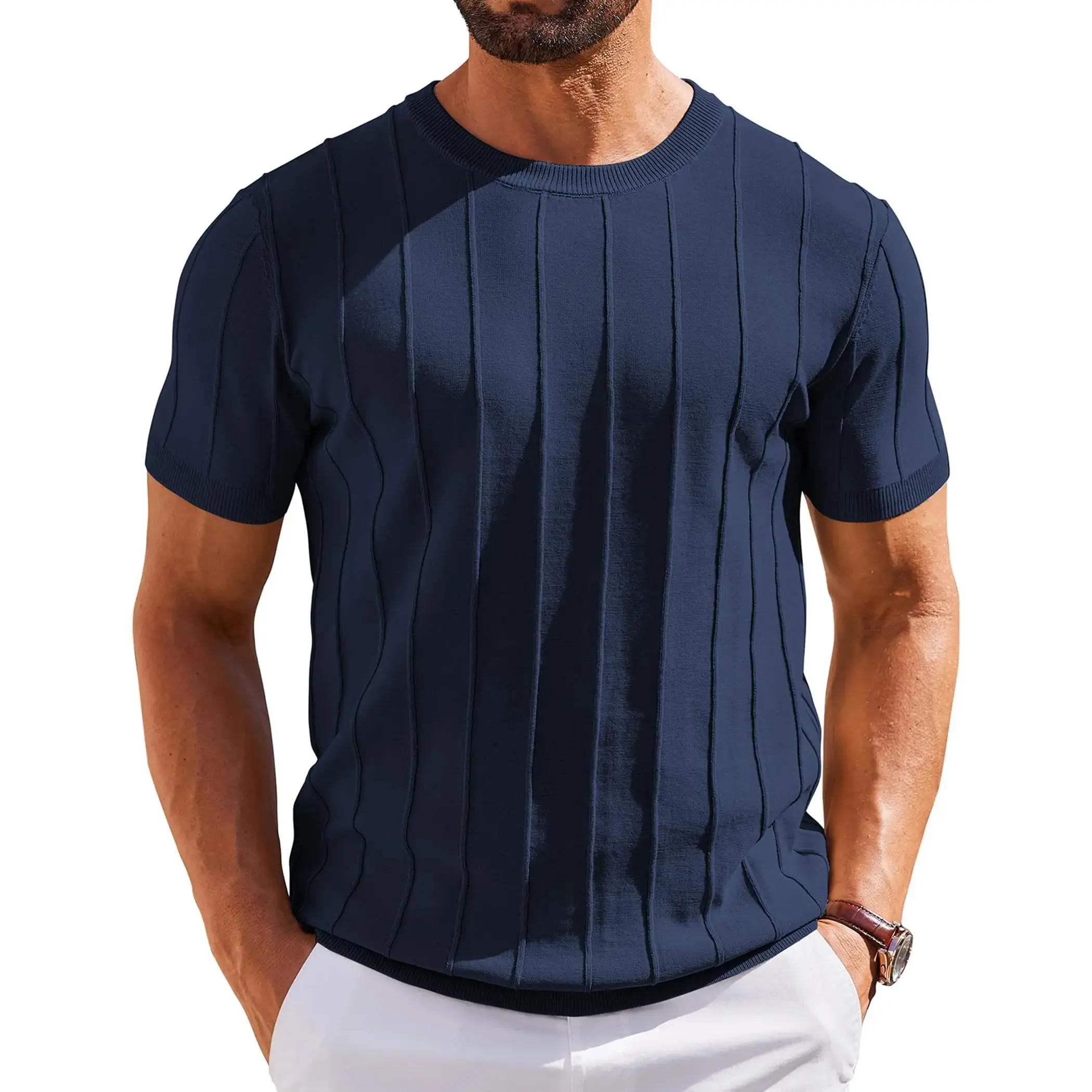Men's Basic Striped Short-Sleeve Crewneck Ribbed Knit Pullover Top - Normal Fit, Fitted, Foldable, Lightweight, Pull-On Casual Menswear for Day Wear, Pairs with Jeans, Machine Washable