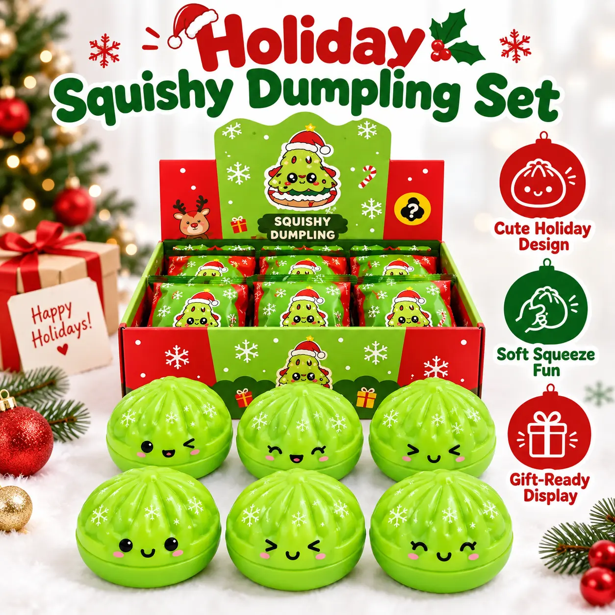 Christmas Dumpling Squishy Toy Single Piece, Green Kawaii Bao Squeeze Fidget Toy with Cute Face & Snowflake Design, Soft TPR Stress Relief Desk Toy, Holiday Stocking Stuffer, Party Favor, Christmas Gift
