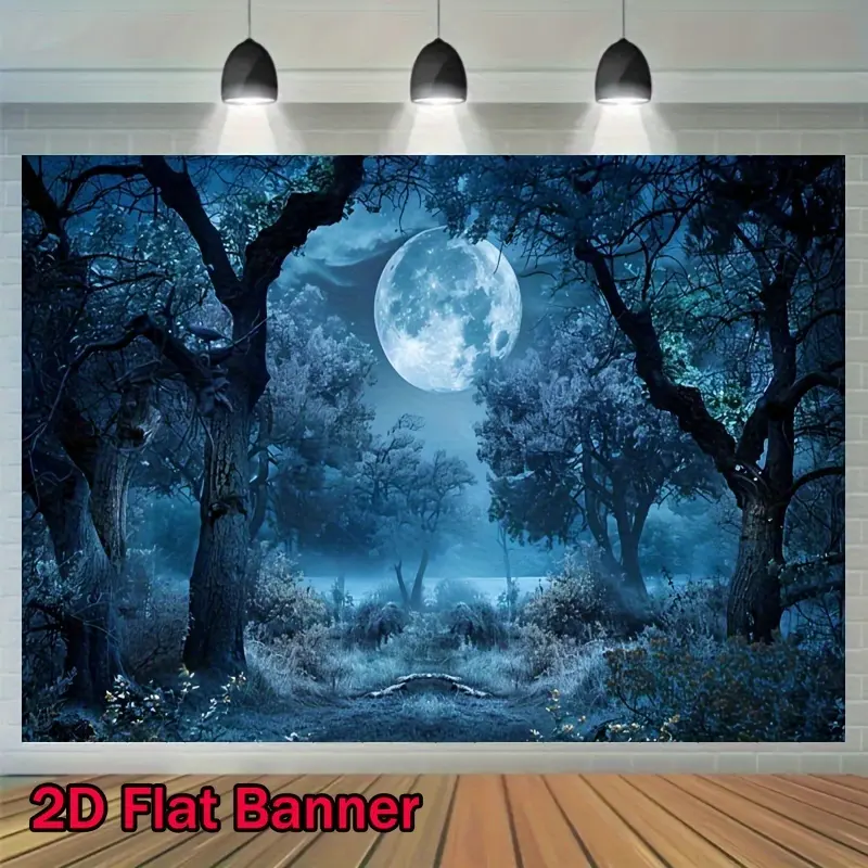 Enchanted Forest Night Sky & Moon Tree Wall Tapestry - Deep Blue-Dark Green Magical Backdrop with Twinkling Stars, Wrinkle-Resistant, Hand-Stitched Edges, Indoor-Outdoor Use - Home Decor, Decoration, Room Decorations Wall Hanging for Parties