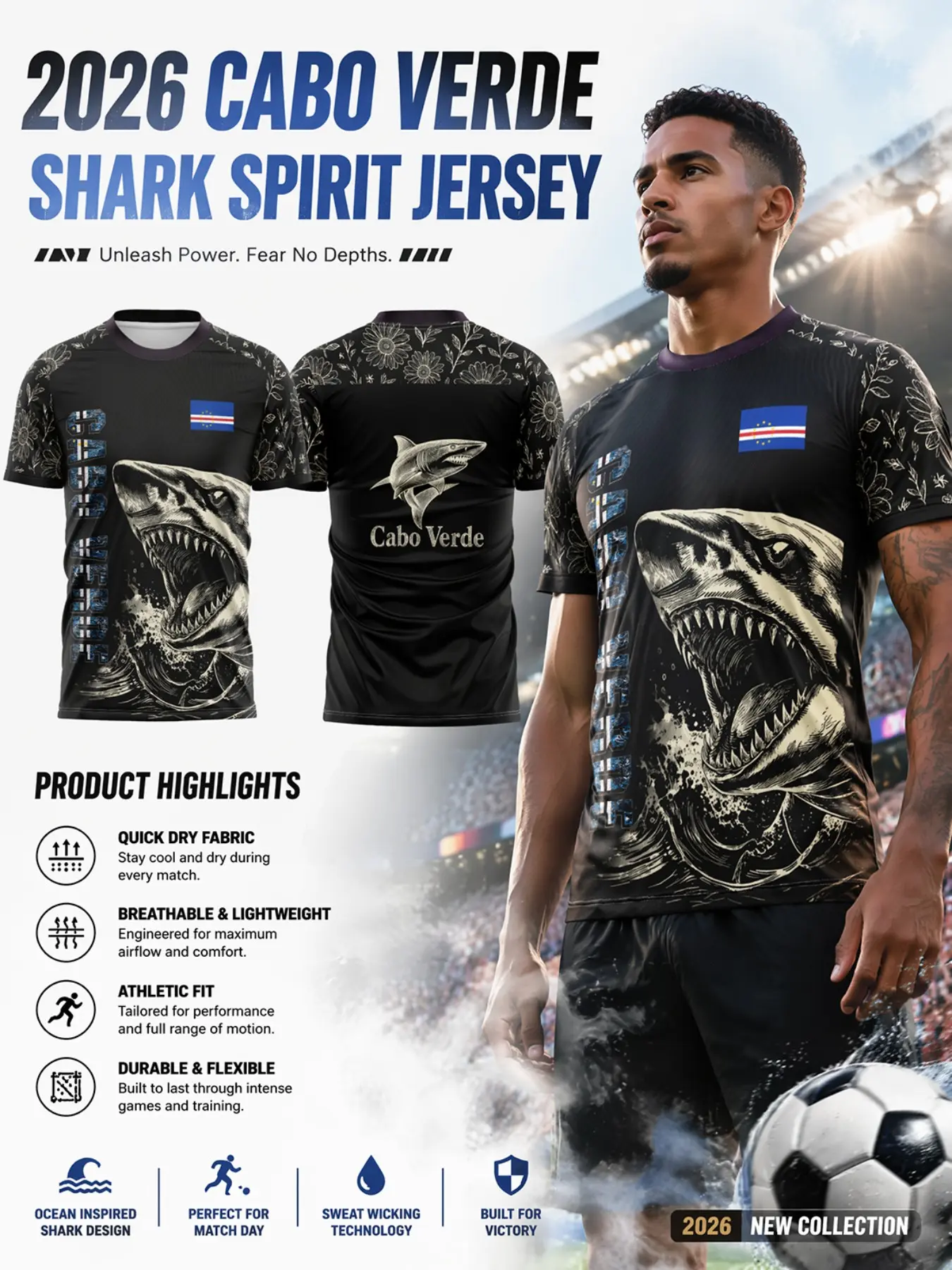 2026 Cabo Verde Soccer Jersey, Sport Jersey, Shark Print, Daisy Shoulder Decor, Quick-Dry, Breathable, Slim-Fit, Patriotic Gift for Fans, Lightweight Football Shirt