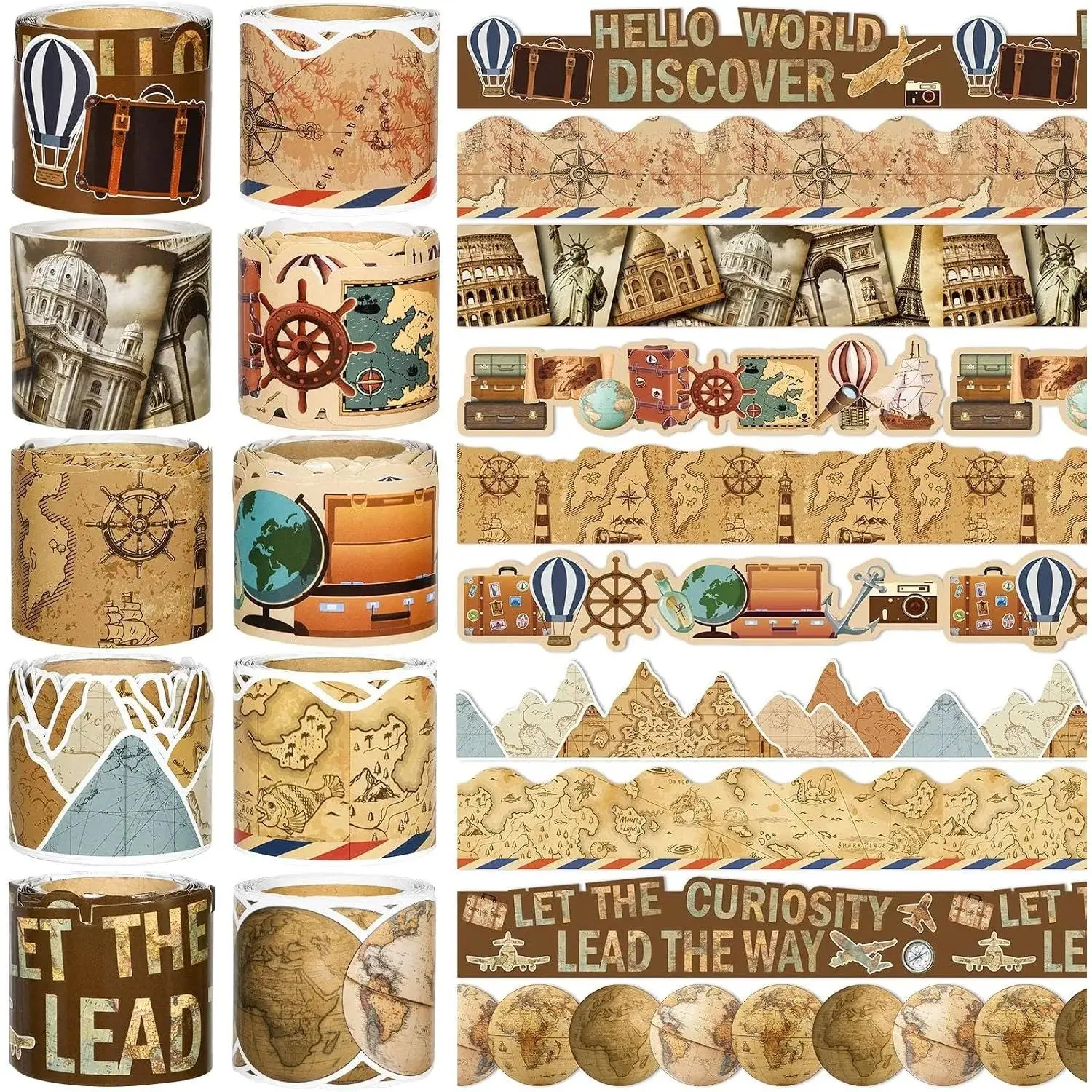 262Ft Vintage World Map Bulletin Border Explore World Die-Cut Trim 10 Rolls Travel The World Classroom Borders for History Themed Scalloped Bulletin Board Decorations for Home School Wall Decor