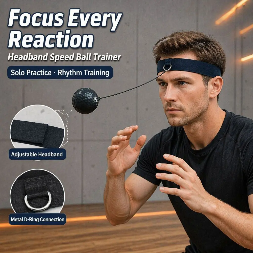 Headband Boxing Reflex Reaction Ball Trainer, Adjustable Headband Metal D-Ring Elastic Rope, Hand-Eye Coordination Speed Training, Home Gym Equipment