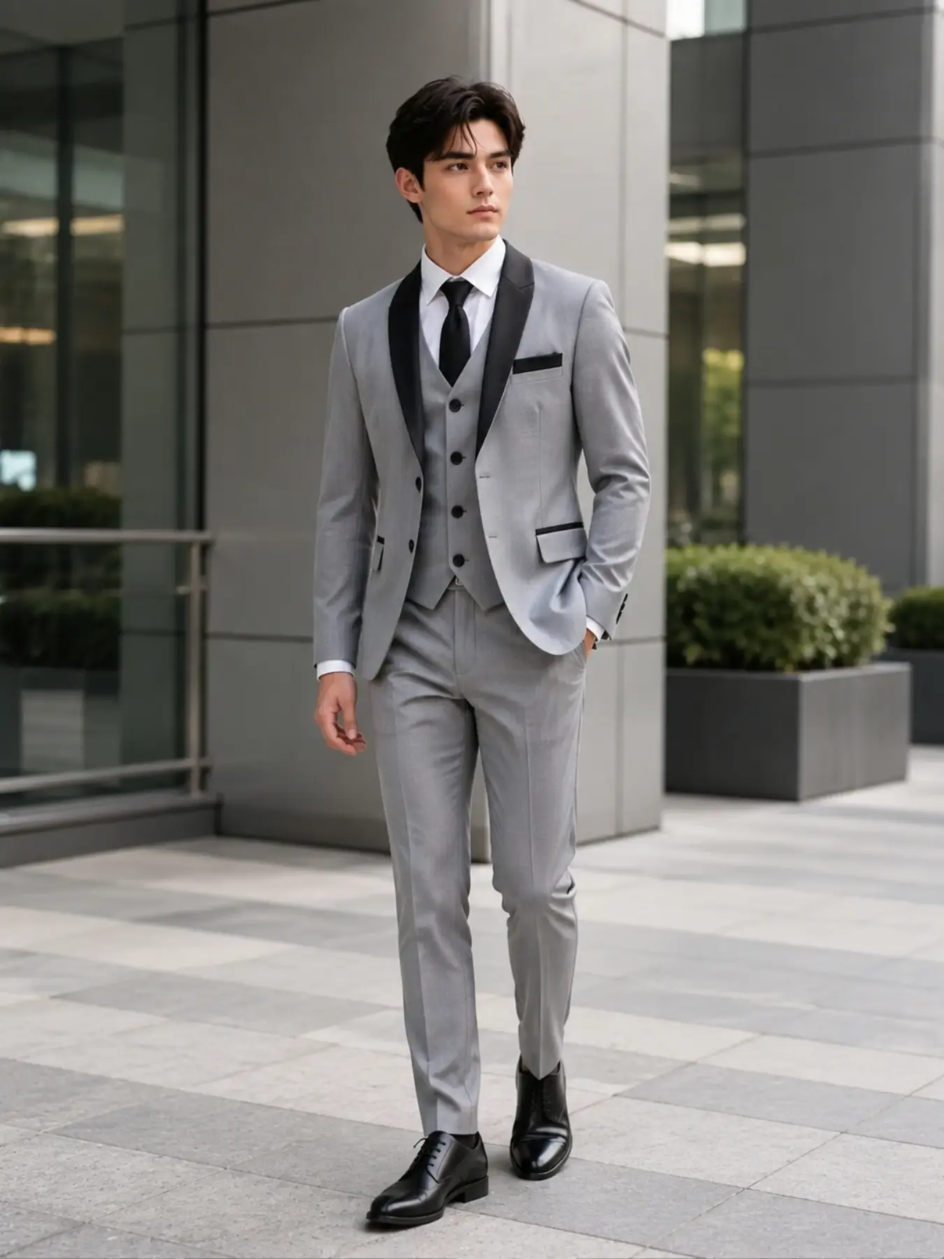 Teen Boys Gray Tuxedo Suit 3 Piece Slim Fit | Back to School Formal Wear & Summer Wedding Guest Outfit | Black Shawl Collar Performance Suit with Pockets