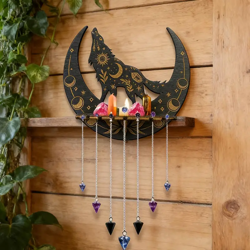 Howling Wolf Crescent Moon Wooden Crystal Shelf, Black Gold Moon Phase Wall Floating Shelf with Hanging Crystal Pendulum, Boho Witchy Gothic Spiritual Display Rack for Crystals Stones Candles, Decoration Room Accessories