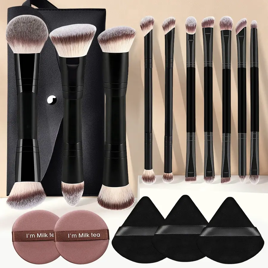 Professional Portable 16-Piece Makeup Brush Set, Makeup Brush Kit, Includes Makeup Storage Bag, Velvet Triangle Powder Puff, Dual-Ended Foundation Brush, Contour Brush, Eyeshadow Brush, Blush Brush, Concealer Brush, Highlighter Brush