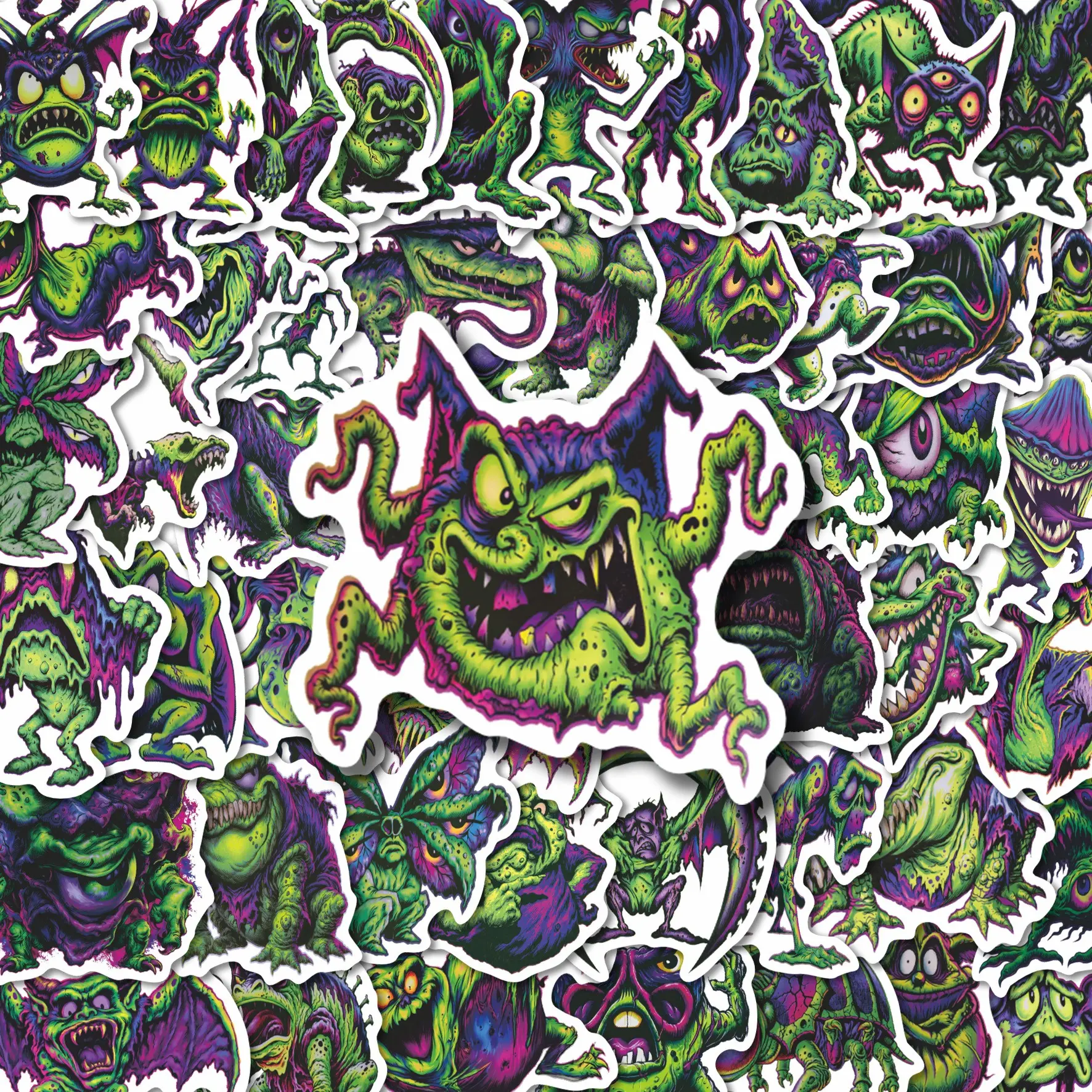 50Pcs Vivid Psychedelic Monster Vinyl Stickers | Edgy Grotesque Fierce Mutant Beast Element Decals | For Personal Gadget Accessory Surface Decor