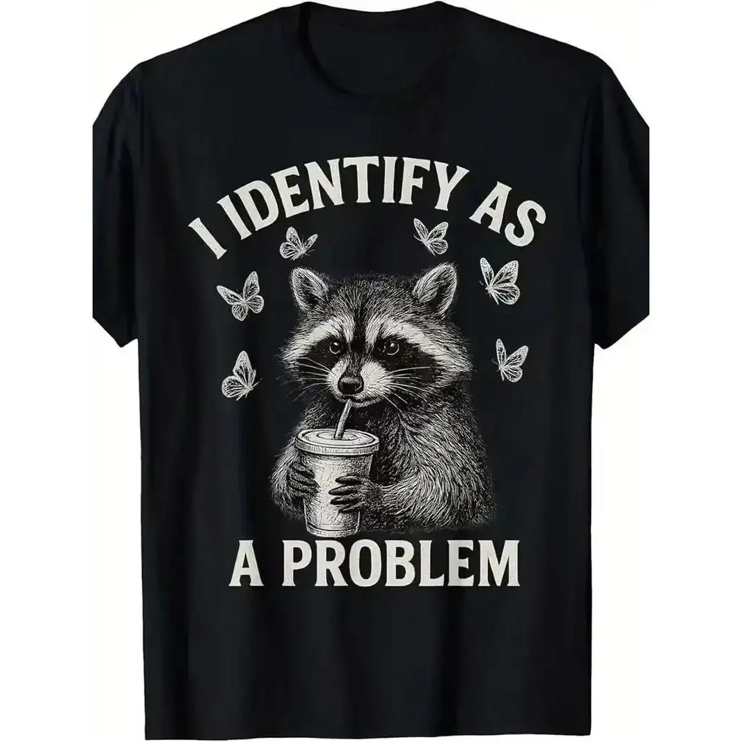 Men's Funny T-Shirt, 'I Identify As A Problem' Raccoon Graphic, Cotton Blend Classic Fit Streetwear Tee, Casual Short Sleeve Menswear, Animal Tee, Shortsleeve, Top, Round Neck, Tshirt, Humor Graphic Tee