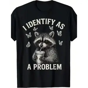 2026 "I Identify As A Problem" Raccoon Funny Menswear T-Shirt, Soft Round Neck Short Sleeve Tee, Casual Whimsical Design Cargo Sports Top for Men