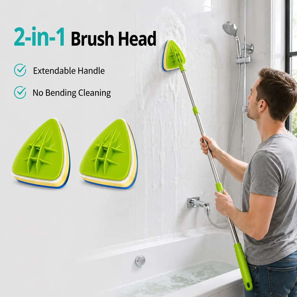 2-in-1 Extendable Shower Scrubber Brush, Long Handle Bathroom Cleaning Brush with Stiff Bristle and Sponge Heads for Tub, Tile, Wall and Floor, Bathroom Cleaning Tool, Multipurpose Brush