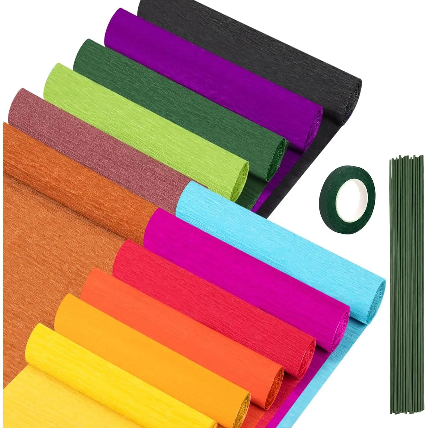 12 Colors Crepe Paper Rolls, 10 x 98Inch Wide Crepe Paper Sheets with Floral Stem Wire and Green Floral Tapes for DIY Gift Wrapping Crafts Birthday Wedding Holiday Paper Flower(Deep Colors)