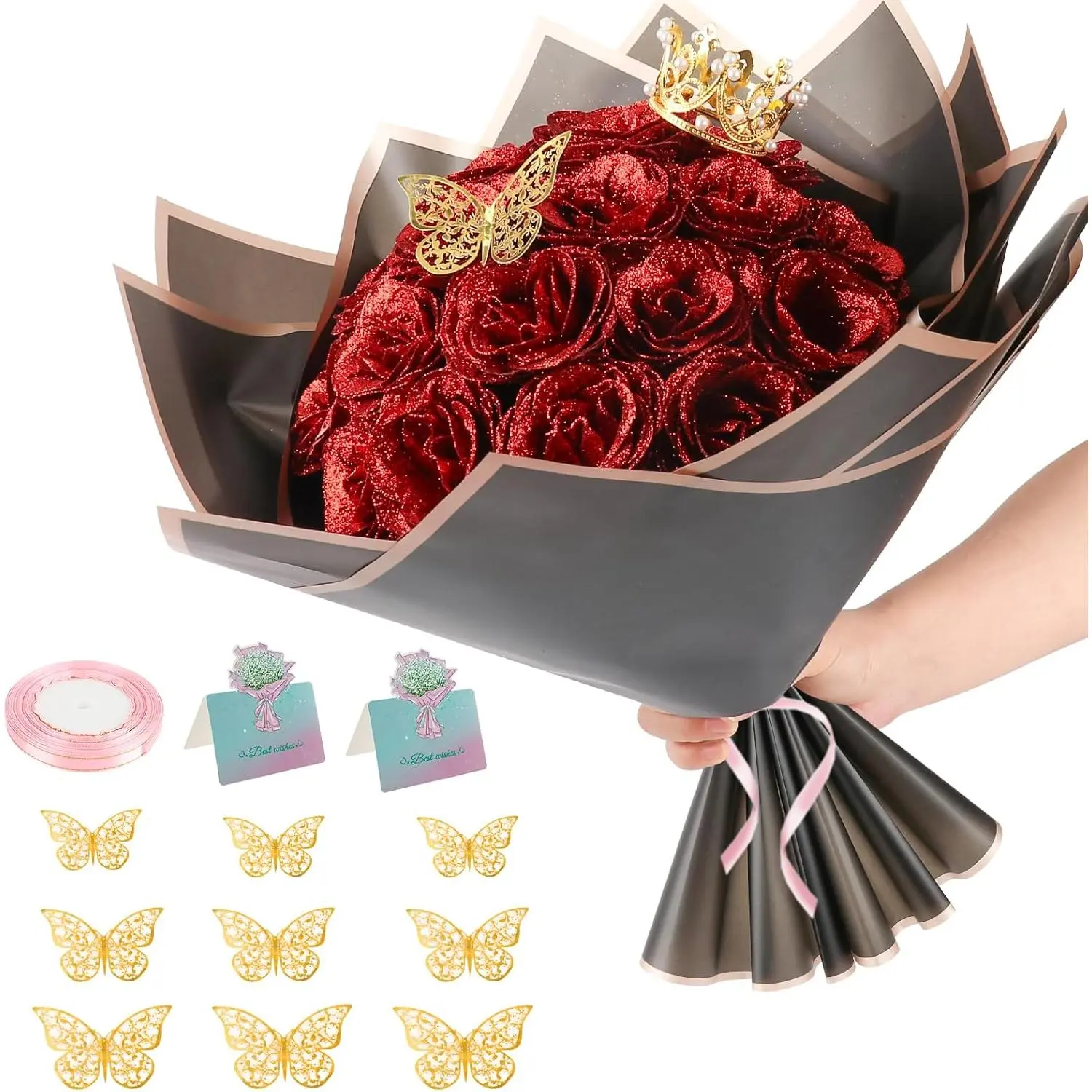 Plastic Whimsical Floral DIY Kit - 24 Pcs Glitter Roses Bouquet Set with 12 Butterflies, Wrapping Paper, Cards, Ribbon, Crown - Home Decor Centerpiece Eternal Gift for Birthday, Mother's Day (Red), Flower