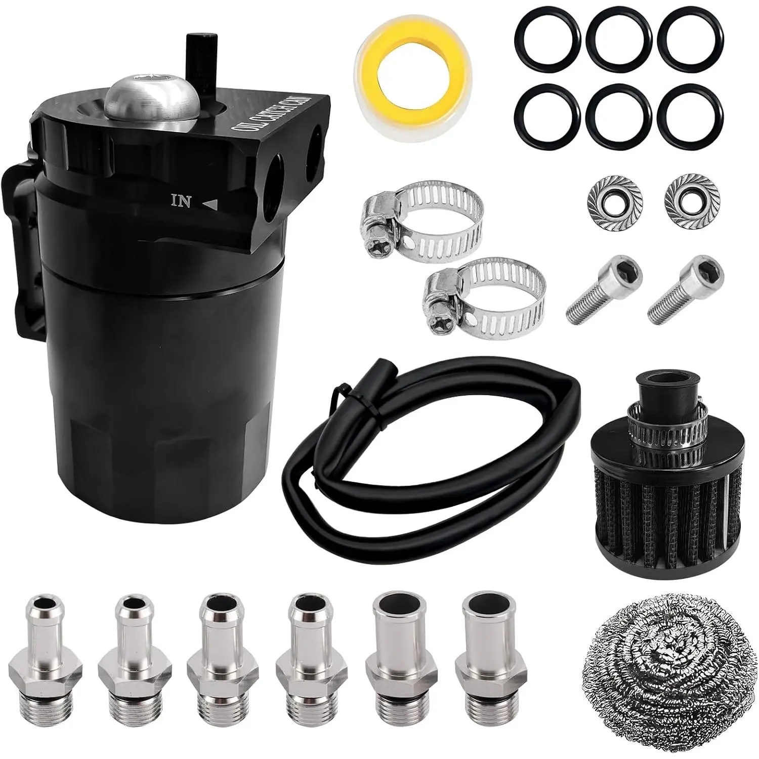 Universal 300ml Baffled Polished Oil Catch Can Oil Separator Kit with Hose for Car Truck Engine
