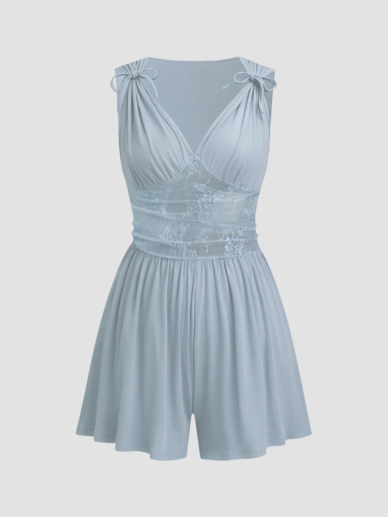 Women's Plain Ruched Deep V Neck Tank Romper, Elegant Sleeveless Romper For Summer, Fashion Casual Ladies Clothes For Daily Wear