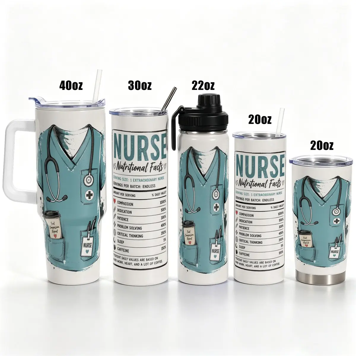 1 pc, 40oz/30oz/22oz/20oz Nurse Nutritional Facts Printed Stainless Steel Cup, 18/8 Food Grade Double Wall Vacuum Insulated Travel Flask Drinkware with Leak Proof Lid, Keep Cold 24h Hot 12h, Cup Holder Friendly Sweat Proof P, Vacuum Insulated Tumblers