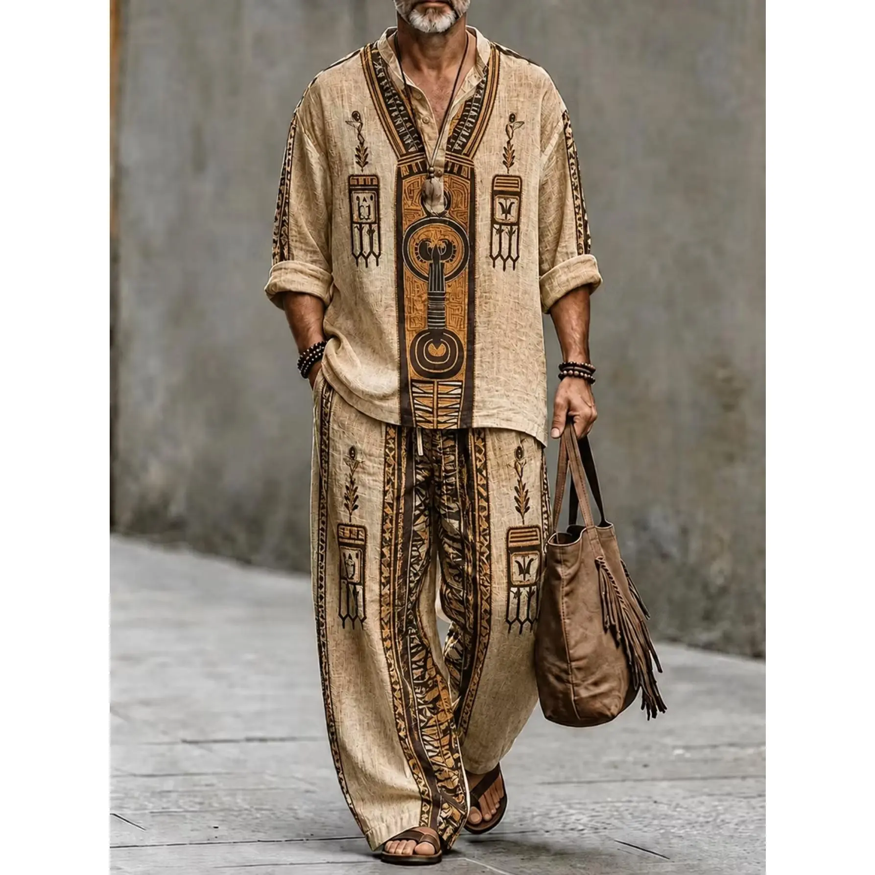 Men's 2-Piece Vintage Egyptian Totem Ethnic Print Outfit - Stand Collar Half-Button Shirt & Drawstring Wide Leg Pants Set, Loose Linen-Like Boho Vacation Suit