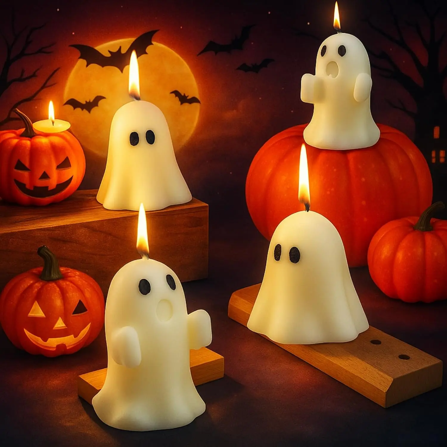 4 Pieces Large Halloween Ghost Candles Cute Spooky Fall Decor Burning White Scented Wax Candles Gifts for Boo Basket Stuffers Halloween Room Table Indoor Decorations, 2 Style