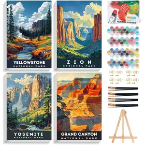 4 Pack Framed Paint by Numbers Kit for Adults with Wooden Easel, National Parks Themed Easy Paint by Numbers for Beginners, 8x12 Inch Canvas Kit for Home Decor Gift