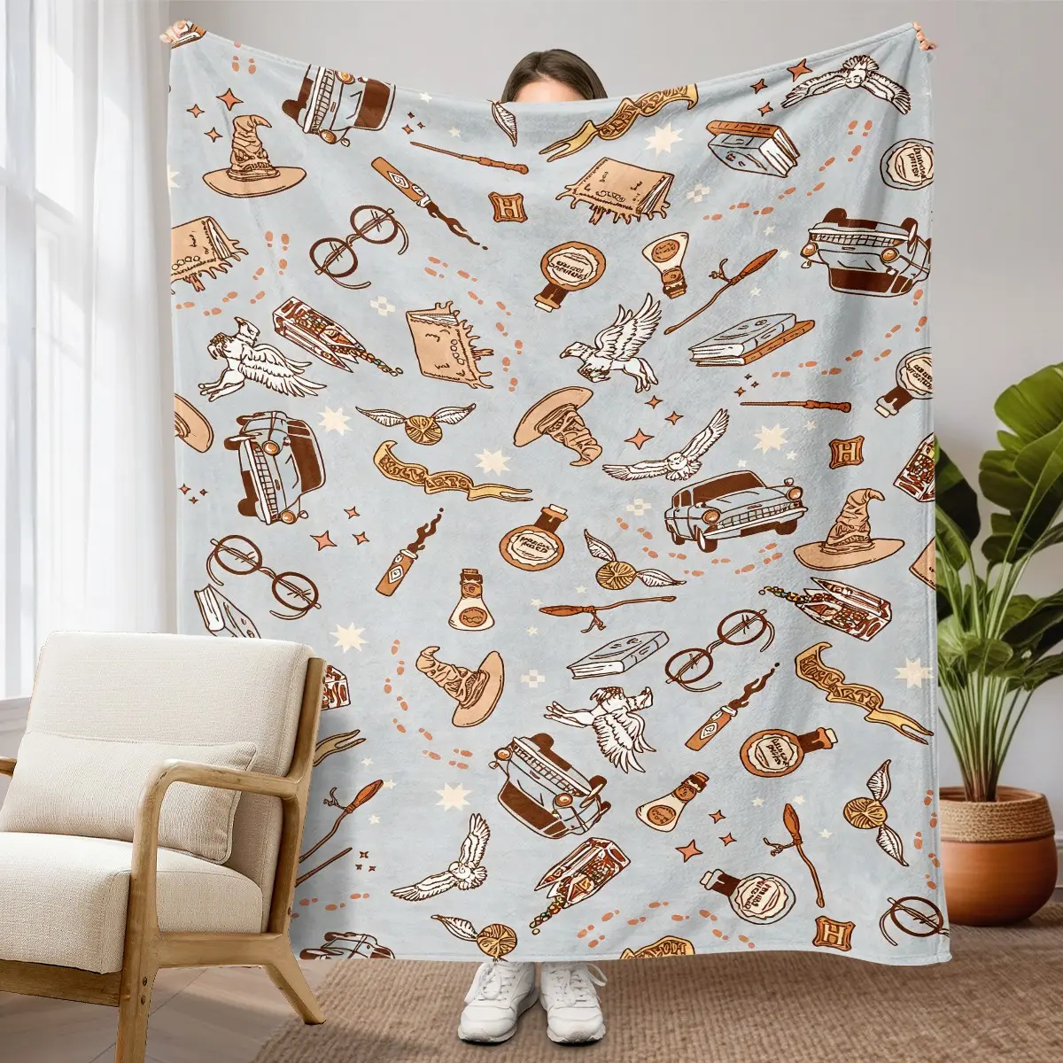 1pc Harry Potter Magic Element All Over Print Fleece Blanket, Vintage Cartoon Wand Sorting Hat Owl Magic Item Repeating Pattern, Multiple Colors Available, Soft Warm Nap Throw For Sofa, Bed, Office, Camping, Perfect Halloween & Christmas Gift