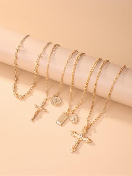 4-Piece Vintage Metal Geometric Circle Pendant Layered Necklace Set, Women's Punk Style Jesus Cross Pendant Jewelry, Unique Fashion Accessories