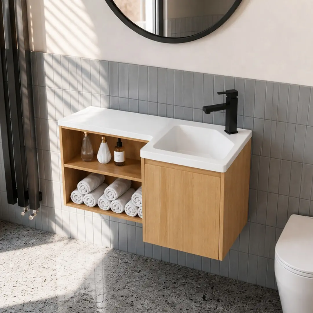 ARCH 36-Inch L-Shaped Corner Floating Bathroom Vanity with Integrated Resin Sink, Wall-Mounted Cabinet, Light Oak Finish, Soft-Close Door, Open Shelves, Space-Saving Modern Storage for Small Bathrooms, Plywood, Glossy White/Light Oak Options, Wall Mount,,