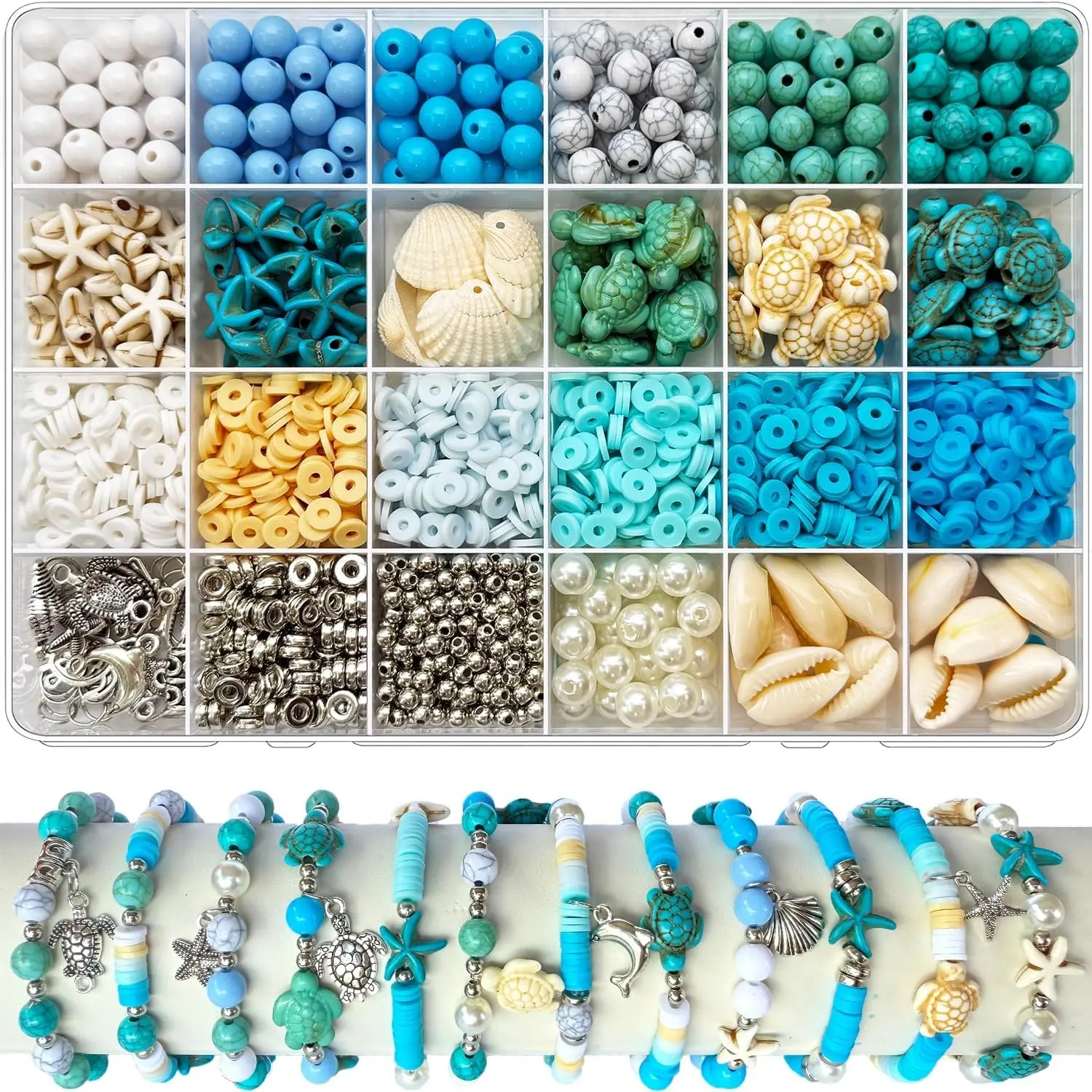 1526pcs-8mm Acrylic Beads Set, Blue Summer Beach DIY, Turtle Shell Starfish Design, Jewelry Making Kit for Bracelets Earrings Necklaces