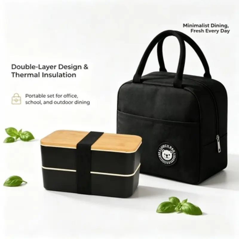 Double Layer Bamboo Lid Bento Box with Insulated Lunch Bag Set, Leak-Proof Portable Food Container, Minimalist Lunch Kit for Office Workers, School Students, Outdoor Picnic and Daily Meal Prep, Food Storage Containers