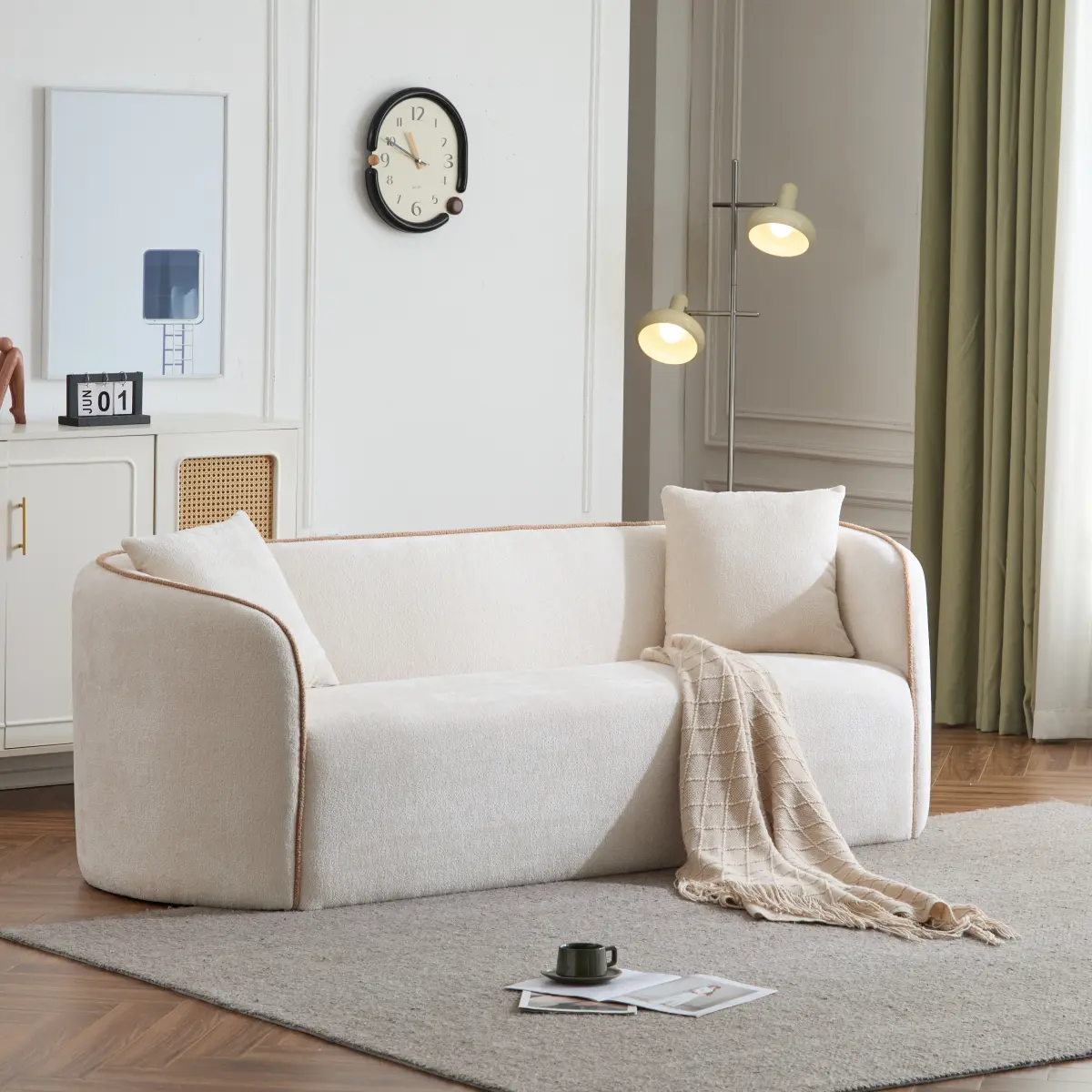 3-Seater 82" Long Beige Curved Boucle Sofa - Foam Soft Cushions Couch with Vibrant Trim, Rounded Arms, Avoid Collapse Design for Living Rooms, Bedroom