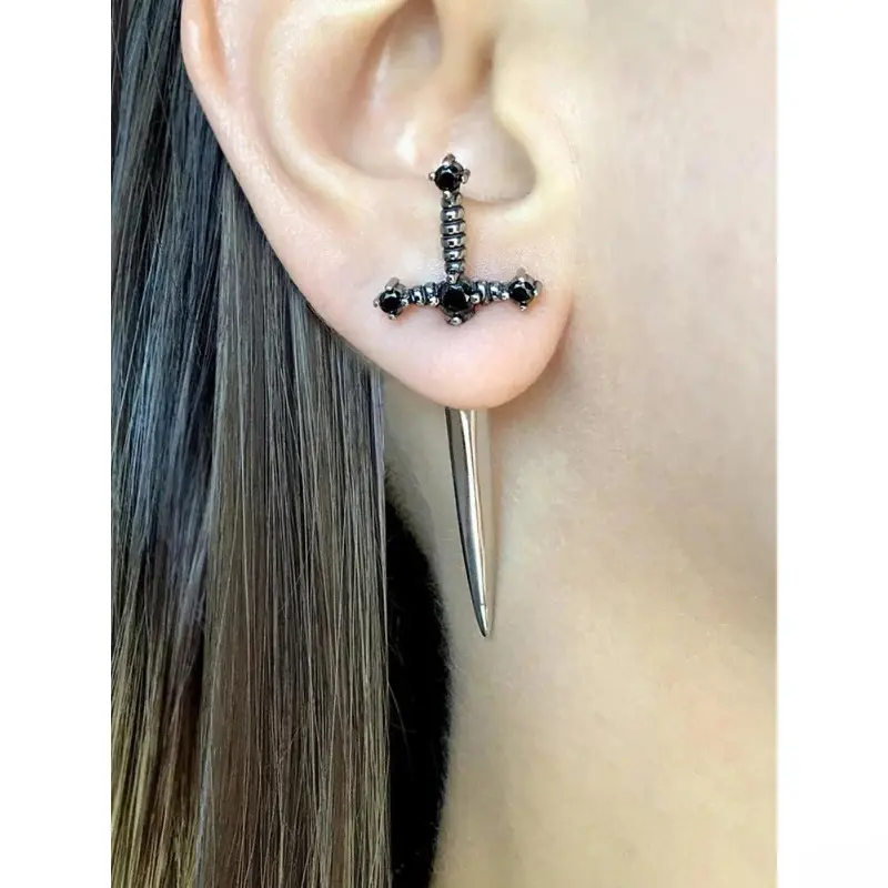 Gothic Cross & Sword Dangle Earrings for Women, Zinc Alloy Punk Studs with Artificial Crystal, Versatile Fashion Statement Jewelry for Party, Party Wear, Daily Outfits, Birthdays, Cross Motif, Crystal Studs, Vintage Punk, Costume Jewelry, Gothic Earrings