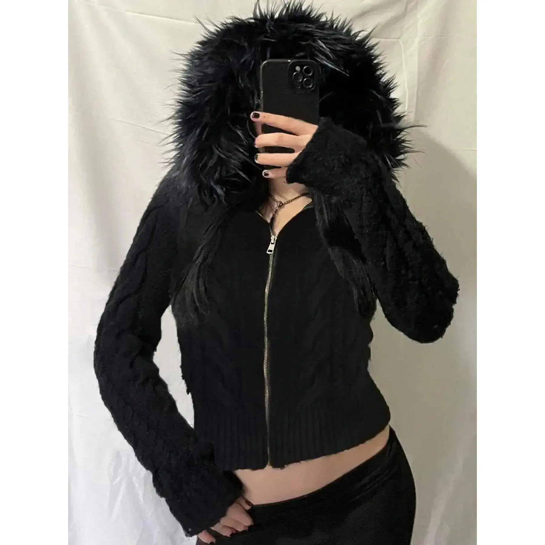 Women's Y2K Dark Gothic Sweater Coat, Fleece Lined Zipper Long Sleeve Knitwear, Vintage Retro Style Fall Winter Fashion Outerwear.