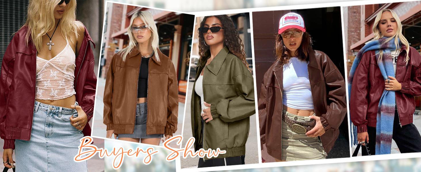 Yousify Womens Leather Jacket Oversized Faux Casual Zip Up Bomber Motorcycle Jackect Trendy Fall Winter Clothes S-XXL