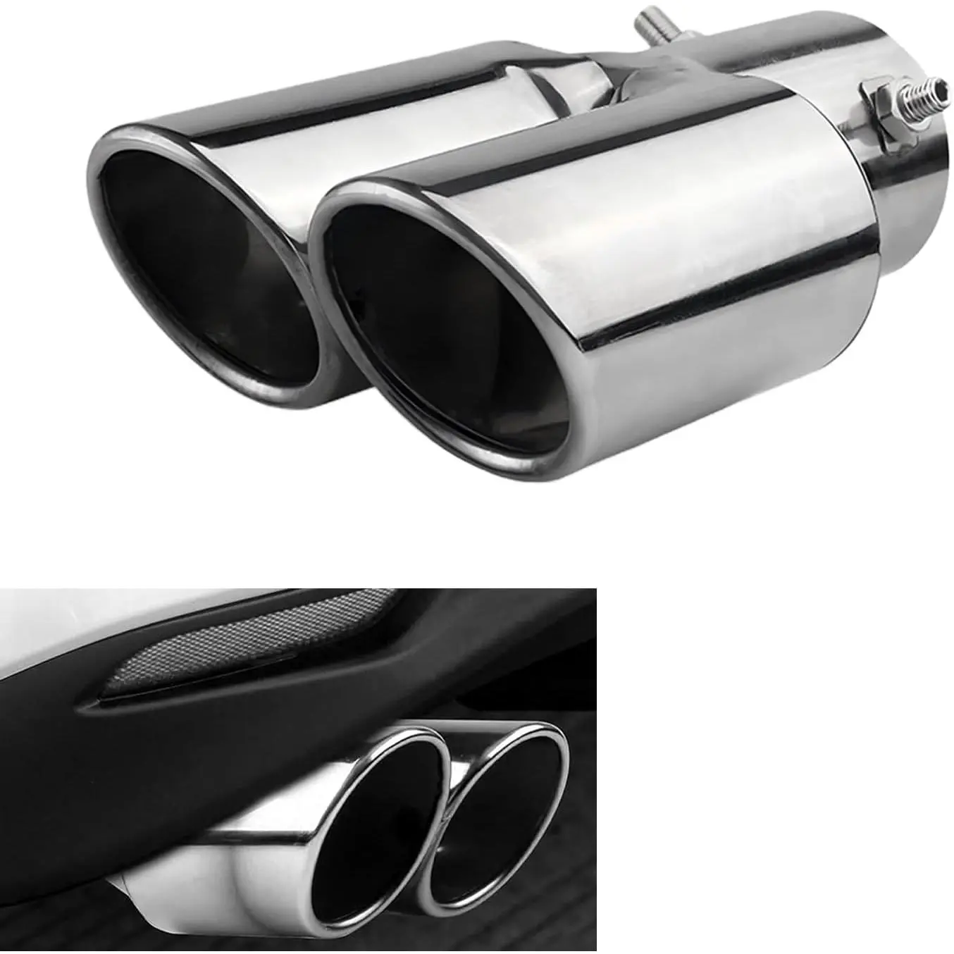 Car Dual Exhaust Tip, 2.5" Stainless Steel Straight Muffler Tailpipe Accessories, Bolt-on Bevel Port Exhaust Tip Modification, Universal for Most Cars (Silver)