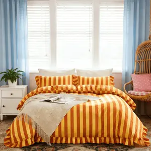 Vintage French Orange Striped Ruffled Duvet Cover Set, 3 Pieces (1 Duvet Cover + 2 Pillowcases),No Insert, Soft & Comfortable Fabric, Elegant Bedding Decor, Perfect Birthday Gift