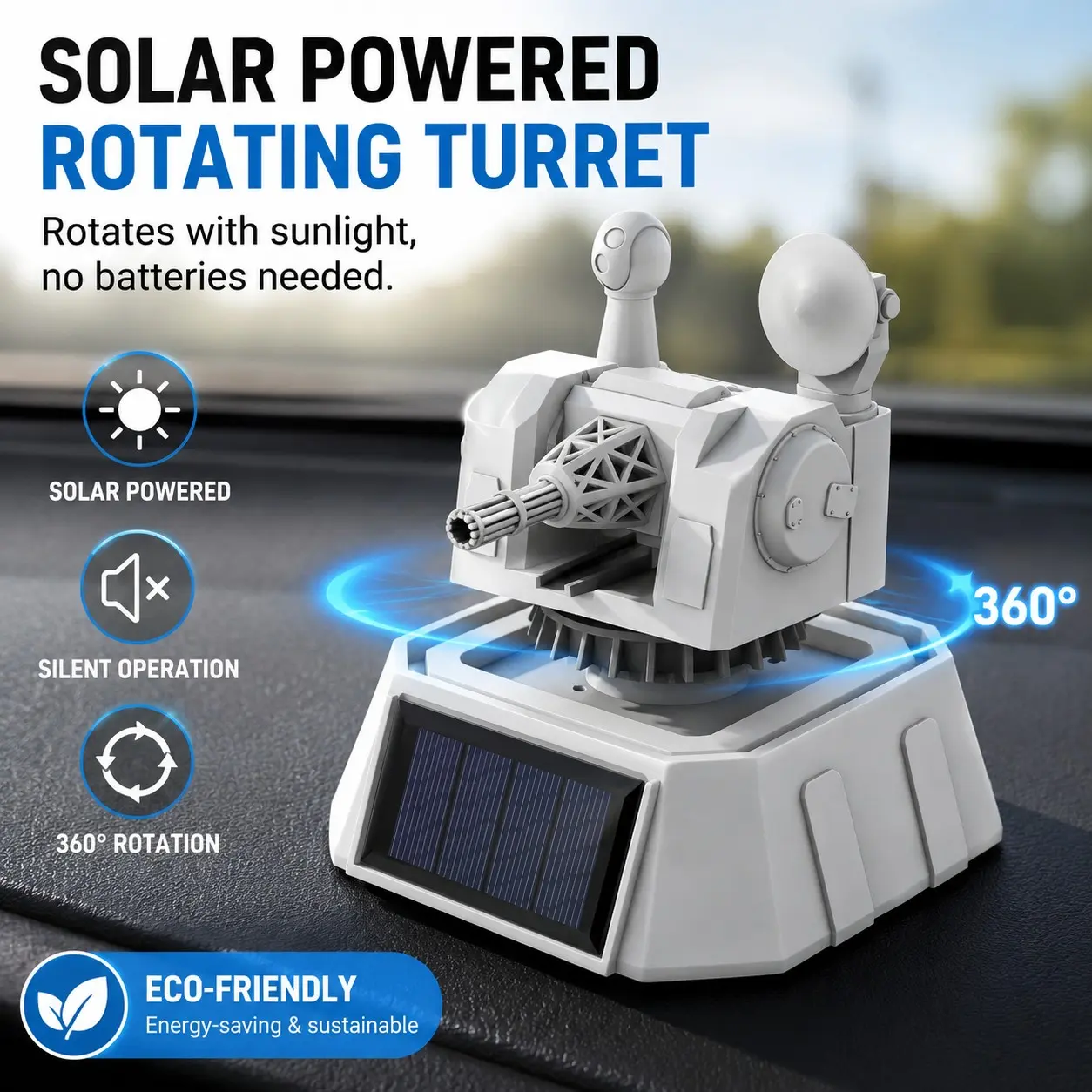 Solar Powered Mini CIWS Turret, Automatic 360° Rotation, Silent Desktop & Car Dashboard Decor, Car Interior Decoration, Eco-Friendly, Perfect Gift for Tech & Military Enthusiasts, Car Interior Decorative